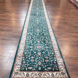 Extra Long Runner Rug 24 ft, Skinny & Long Rug for Hallway Corridor 2.6 x 24 Indo Persian Vintage Wool Rug Green and Cream Handmade Oriental