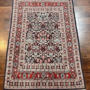 Pak Persian Rug 3x4, Wool Hand Knotted Vintage Traditional Carpet, Navy Blue & Red, Very Fine Small Handmade Floral Rug