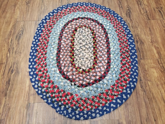 Oval Braided Rug, Vintage Hand Braided Rug, Blue Oval Rug, Multicolor  Braided Rug, American Braided Rug, Small Oval Braided Rug, Area Rug 