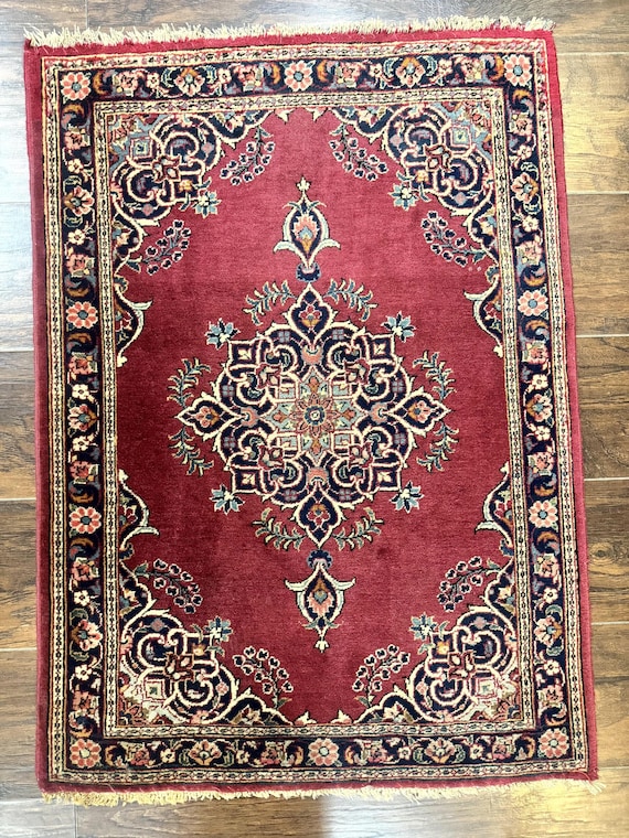 (Iranian Rug )イラン : ラグ Small Persian Rug 2x3, Red and Navy Blue, Handmade Vintage Wool