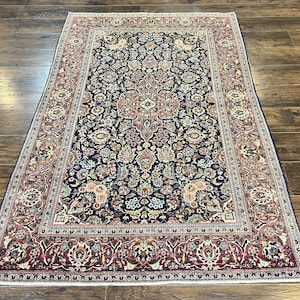 Persian Rug 4x7, Floral Medallion Vintage Handmade Hand Knotted Navy Blue & Red Wool Oriental Carpet, Highly Detailed Semi Antique Rug