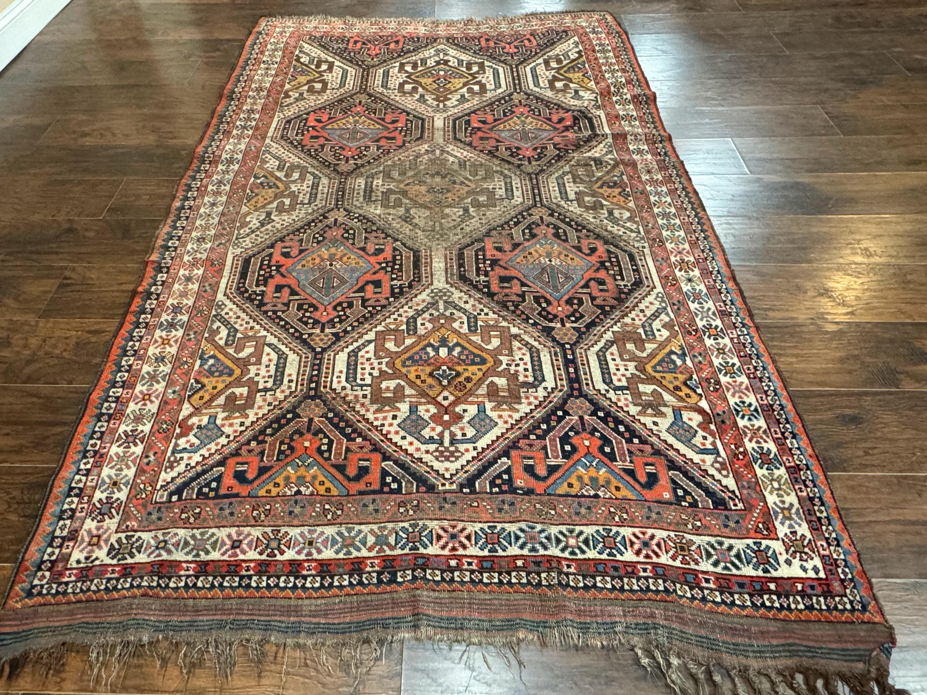 Antique khamse qashqai rug Antique Persian Qashqai Rug 5x8, Persian Tribal Rug, Khamseh Rug
