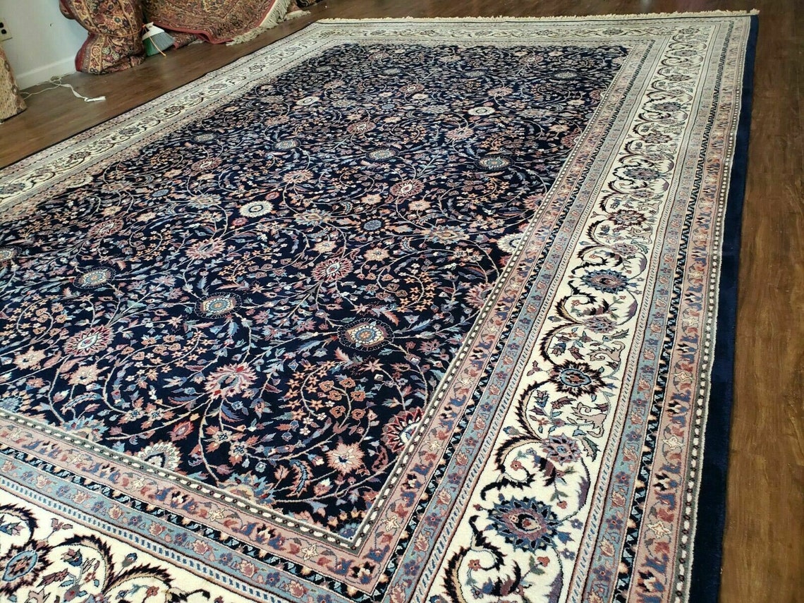 10x14 Midnight Blue & Beige Oriental Rug Very Fine Allover Etsy
