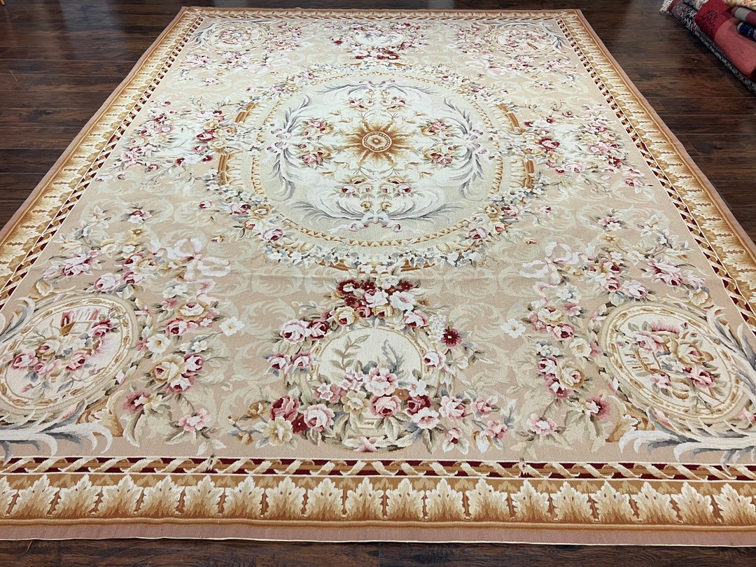 Aubusson Rug 9x12, Elegant Savonnerie Carpet 9 X 12 Ft, Beige Ivory Tan