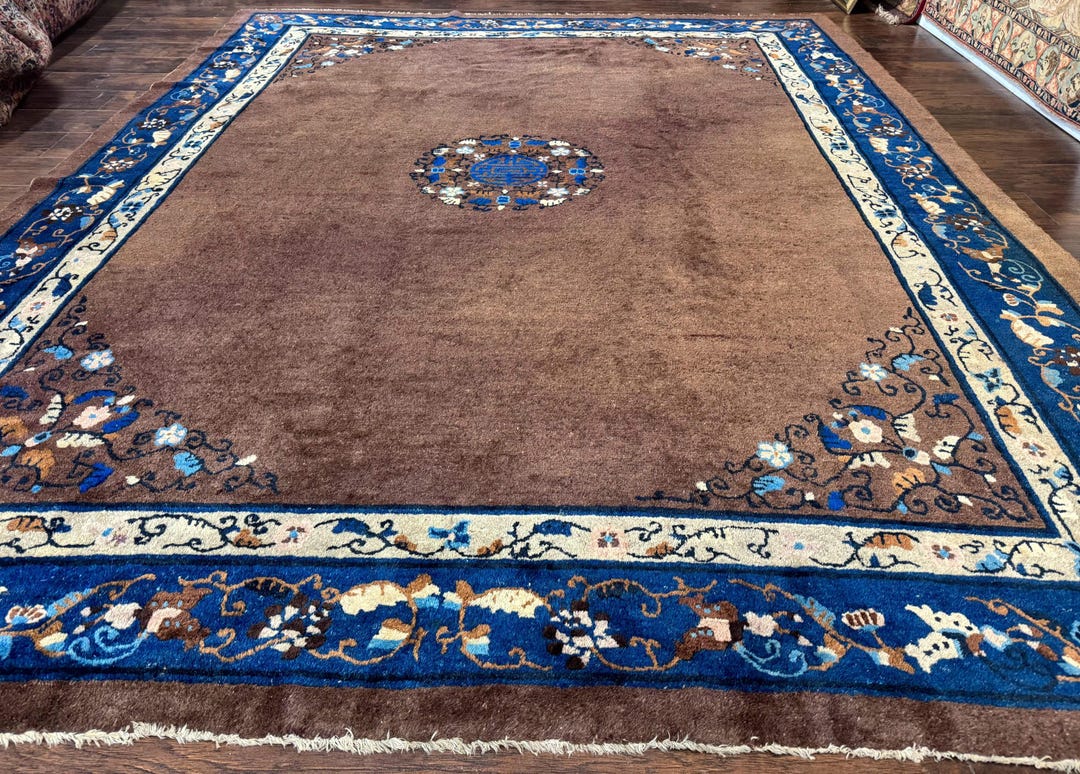 Antique Chinese Wool Rug 9x11, Large Chinese Art Deco Rug, Peking Rug ...