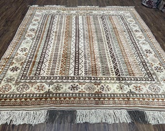 Striped Turkish Anatolian Rug 6x7 Almost Square Shaped Carpet Handmade Vintage Oriental Rug, Living Room Rug, Neutral Colors Cream, Wool Rug