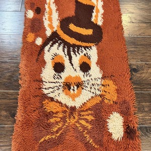 Rya Shag Rug 2x4, Rabbit in Top Hat, Wool, Orange, Vintage 1960s Danish Shag Rug