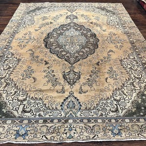 Persian Rug 9x12, Floral Medallion Rug, Hand-Knotted Wool Oriental Carpet, Room Sized Handmade Antique Rug, 9 x 12 Vintage Farmhouse Rug