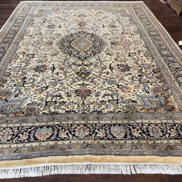 Indo Persian Rug 8x11, Cream, Floral, Handmade Vintage Wool Traditional Oriental Carpet