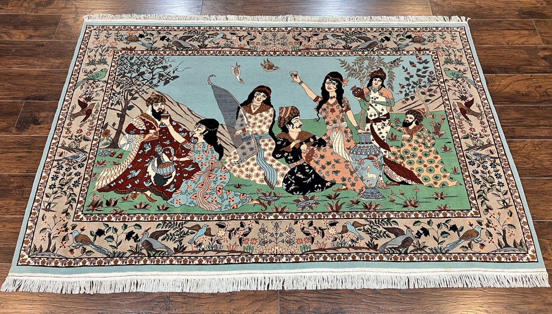 Indian Rug Horizontal Indo Persian Pictorial Rug 4x7, Handmade Hand Knotted Wool Semi Antique ...