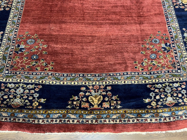 Large Persian Rug 10x17, Open Field, Red and Navy Blue, Palace Sized Oversized Hand Knotted Wool Oriental Carpet Flowers Vases Antique 1920s image 5