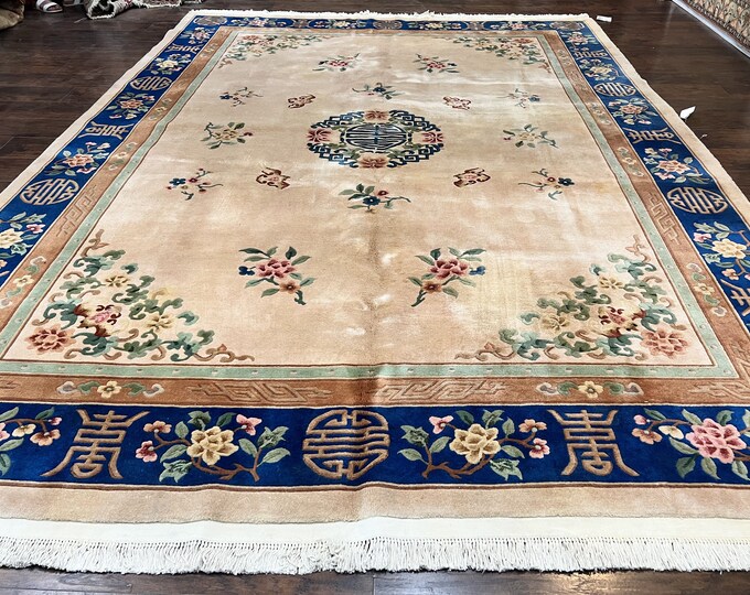 Chinese 90 Line Rug 9x12, Cream/beige & Blue, Chinese Carving Rug, Art