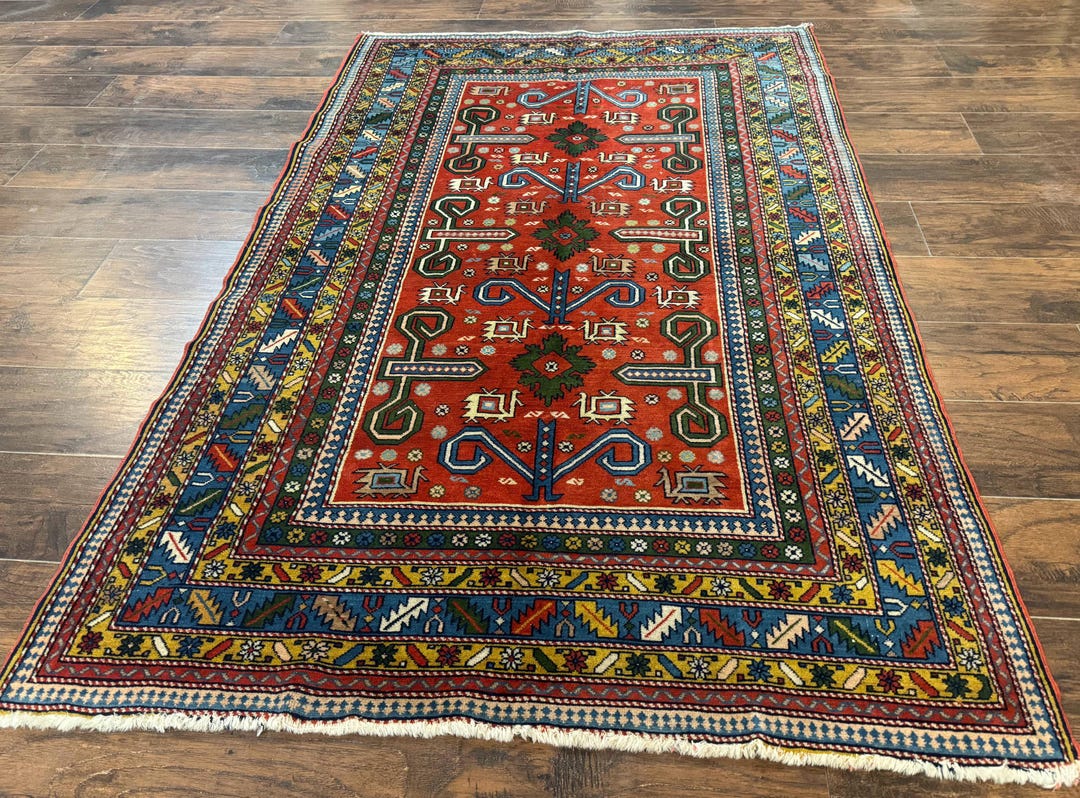 Colorful Persion Rug Colorful Persian Rug 4x7, Red Blue Gold, Geometric Caucasian Design ...