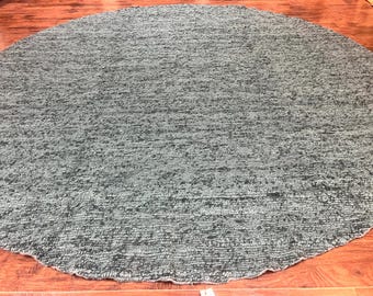 Large Round Indian Rug 11x11, Teal, Vintage Handmade Wool Carpet