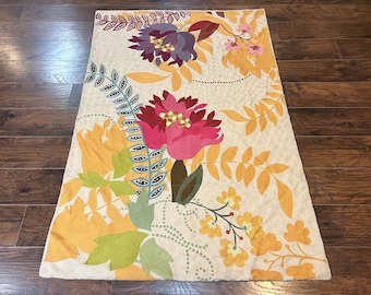 Indian Hand Stitched Rug 4x6, Floral, Silk, Large Floral Design