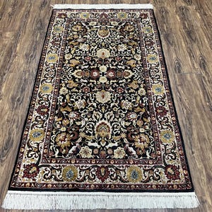 Sino Persian Silk Rug 3x5 Oriental Carpet 3 x 5 Fine Silk Rug, Black Ivory Gold, Animal Motifs, Flowers, High Quality, Vintage Silk Rug Wow