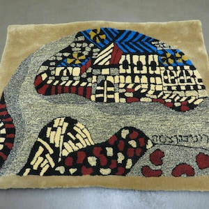 Tappeto da parete in lana israeliana fatto a mano, vintage, 3&#39; X 4&#39;, firmato in ebraico