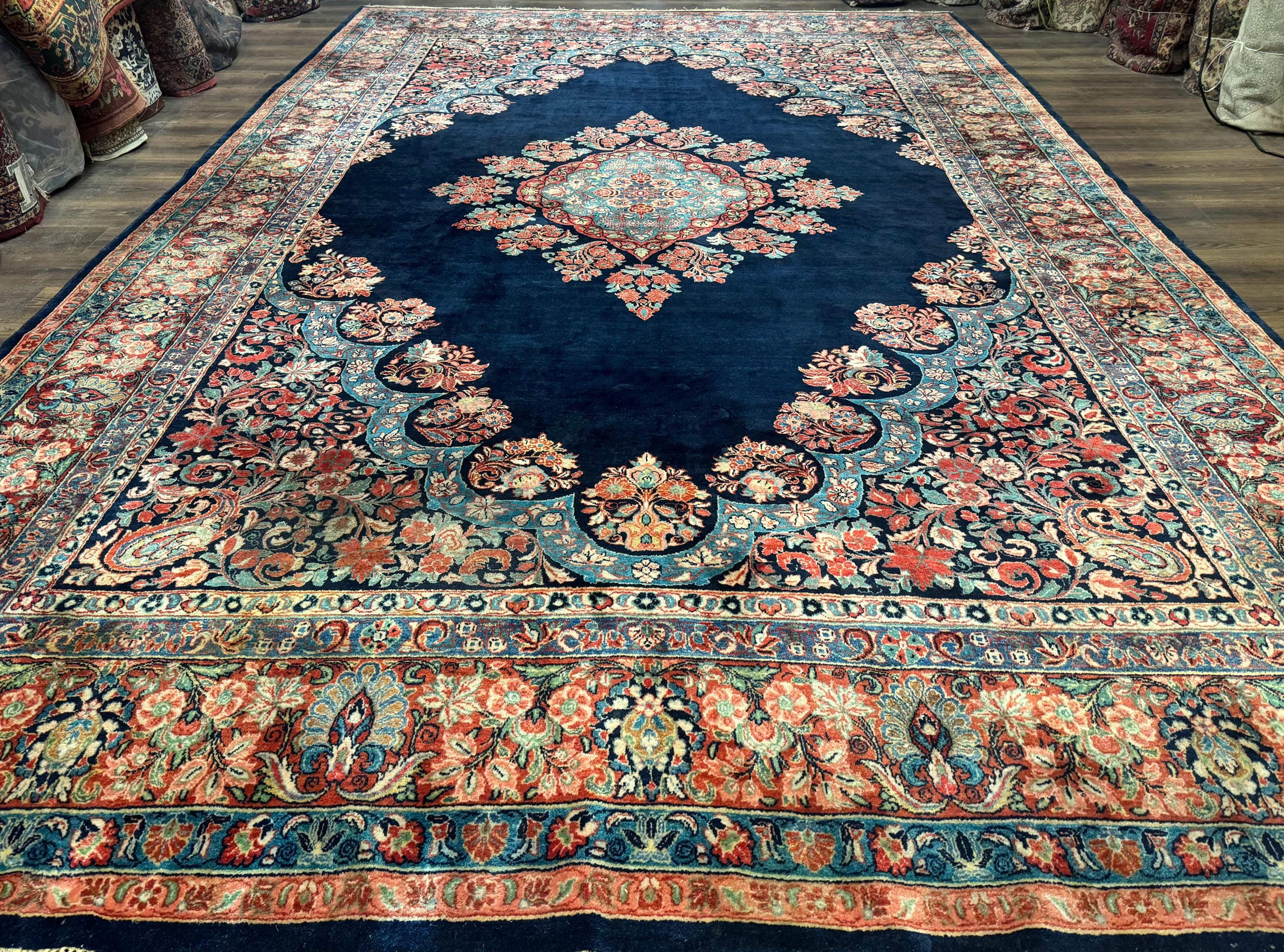 Persian Sarouk Rug 10x16 – Navy Blue and Red, Hand-knotted Wool Antique ...