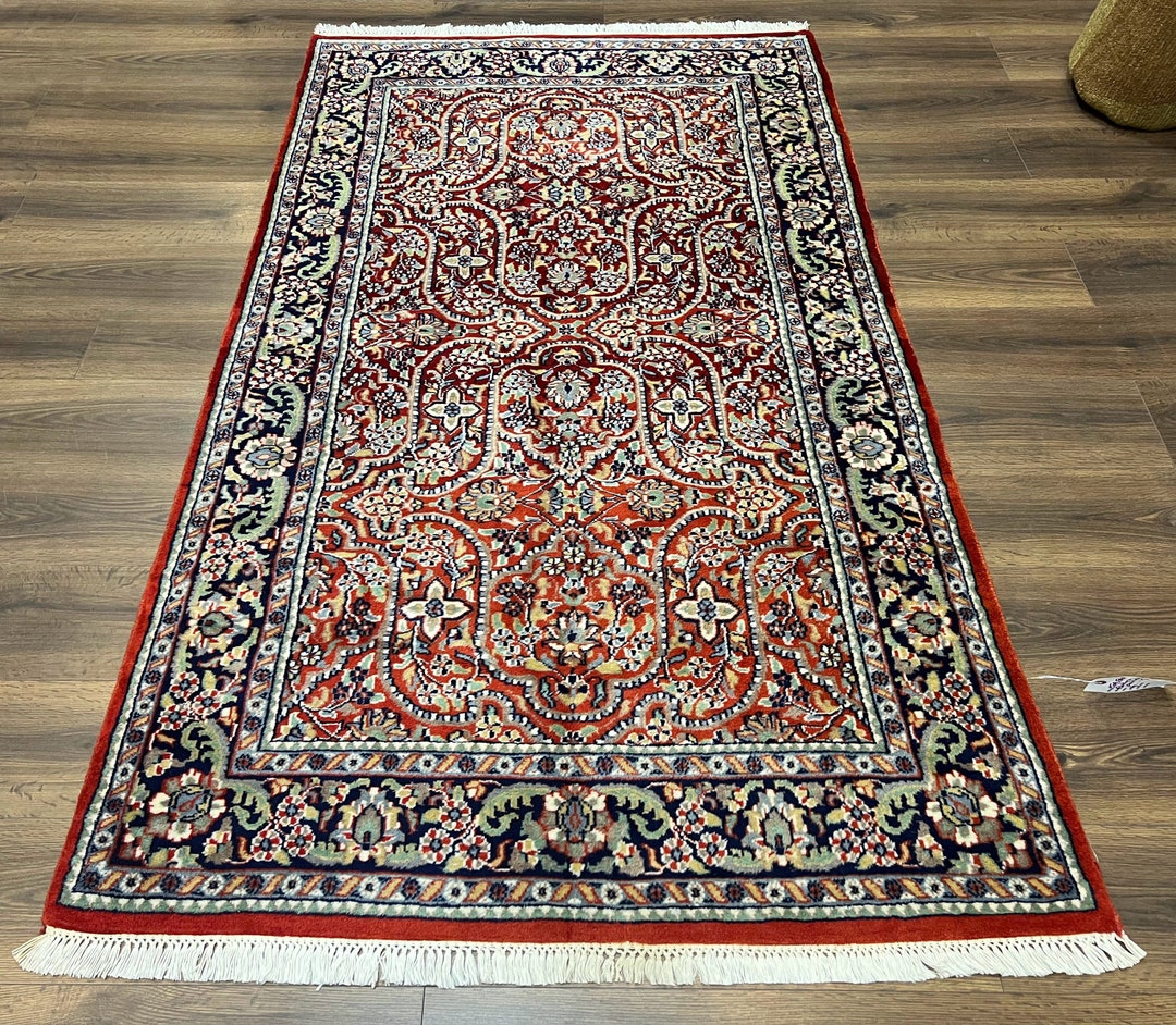 Indo Persian Rug 4x7, Allover Floral Oriental Carpet, Red and Navy Blue
