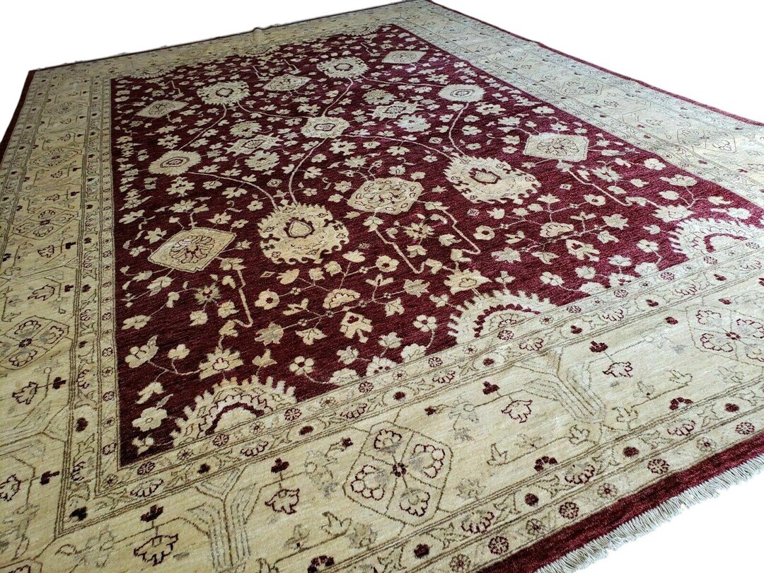 Color Pakistani Rug Pakistani Peshawar Rug 10x14, Maroon & Beige, Wool Hand Knotted - Etsy