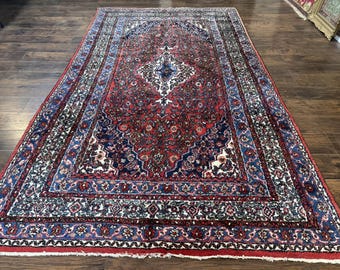 Persian Tribal Rug 6x11, Red Blue Ivory, Antique Persian Carpet