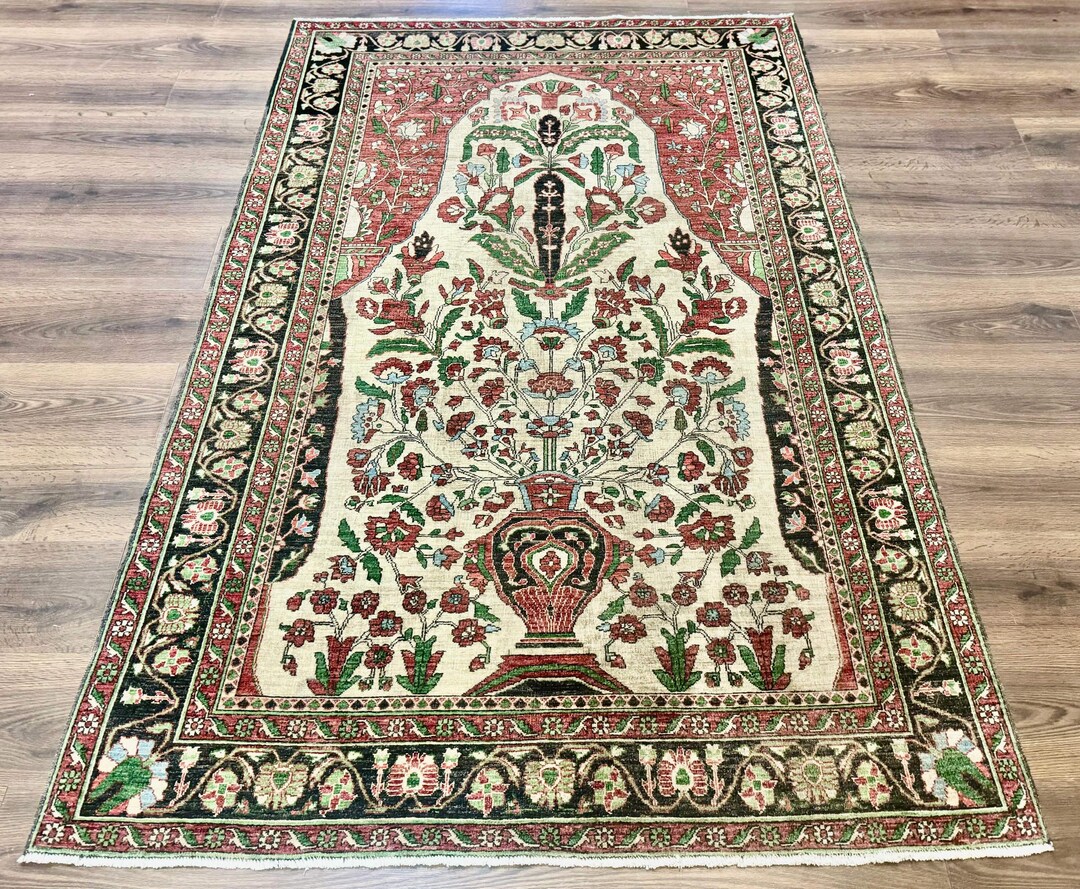 Sarouk Prayer Rug Persian Sarouk Rug 5x7 – Tree of Life Prayer Rug, Persian Vase Design ...