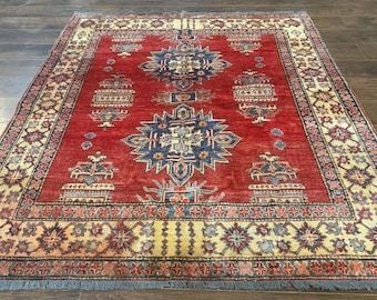 Square Turkish Rug 6x6, Azerbaijani Azeri Turkish Armenian Rug, Red Tan Blue, Geometric, Wool Carpet