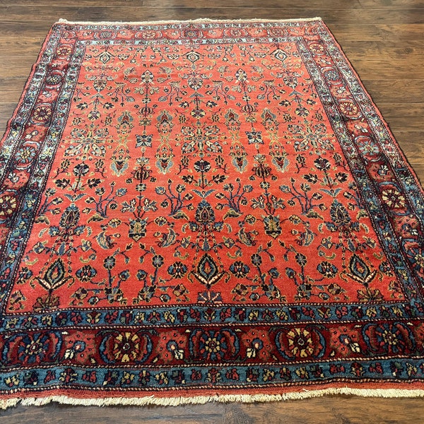 Antique Persian Tribal Rug 5 x 6.6, Tomato Red