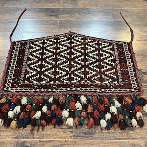 Antique Turkoman Camel Trapping, Turkoman Asmalyk, Red Black Ivory, Handmade, Hand Knotted Tribal Collectible Rug, Rare