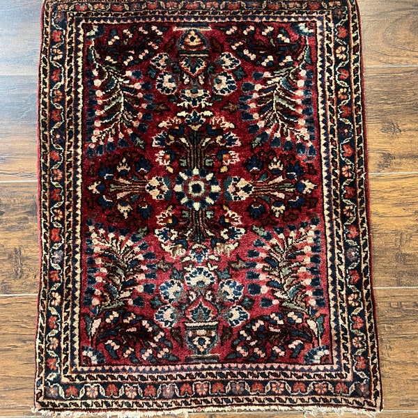 Antique Persian Sarouk Rug 2 x 2.5, Small Sarouk Carpet, Red Floral 1920s Red, Fine 170 KPSI, Wool Handmade Rug