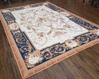 Chinese Aubusson Savonnerie Area Rug 6x8, Vintage Hand-Woven Needlepoint Rug, Flat Weave Handmade Wool Carpet Living Room Ivory & Navy Blue
