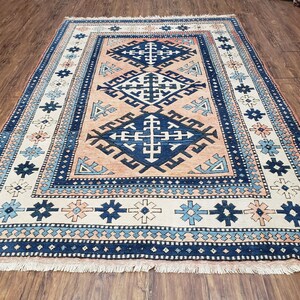 Turkish Kazak Rug 5x8 ft, Bold Geometric Bohemian Carpet, Blue and Ivory Hand Knotted Area Rug, Medium Sized High Quality Wool Oriental Rug