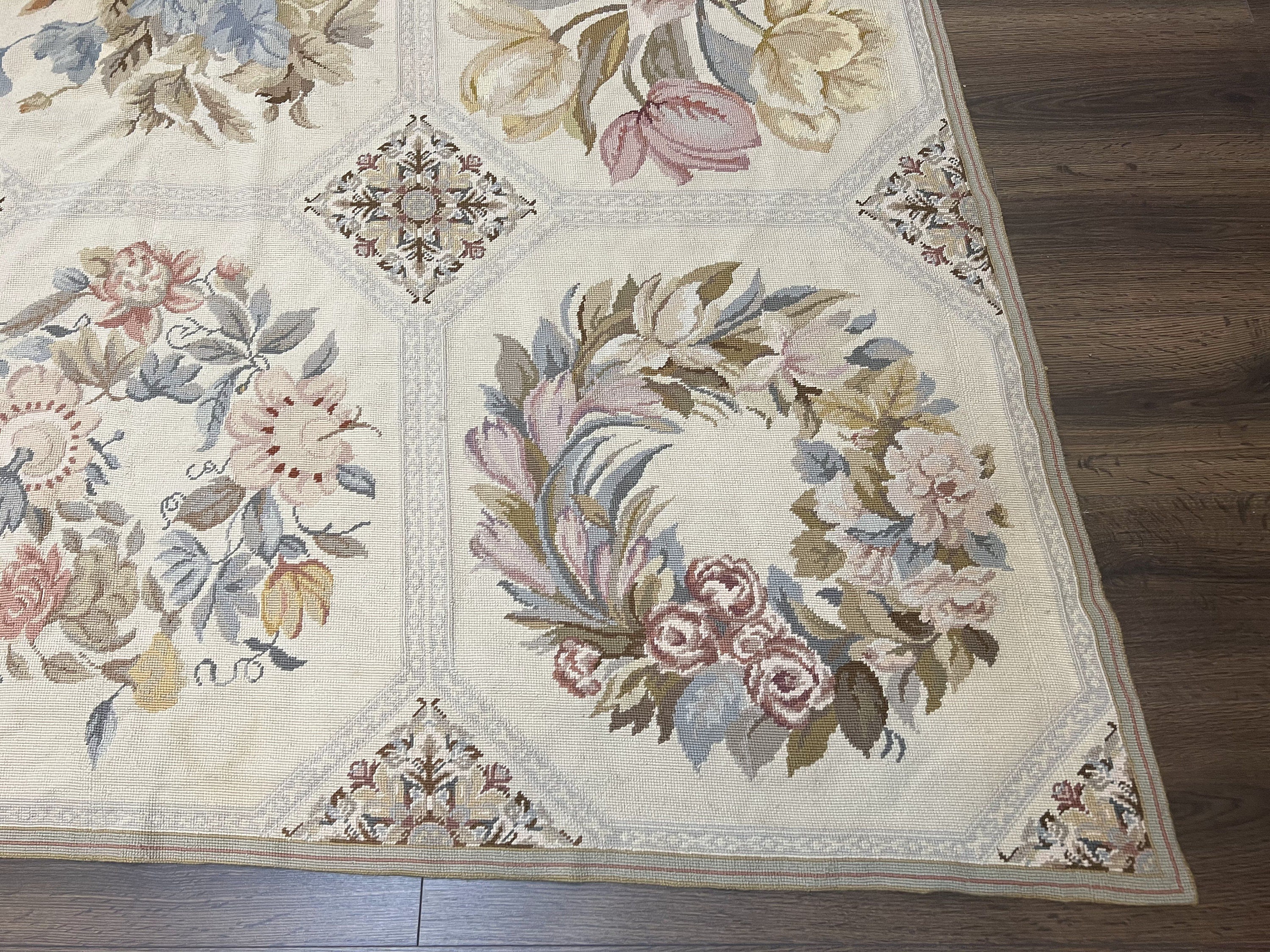 Vintage Needlepoint Rug 8x11 Floral Panel Design Flatweave Etsy