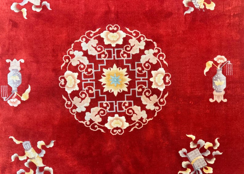 Chinese Wool Rug 8.6 X 11, Red and Beige Asian Oriental Carpet, Plush ...