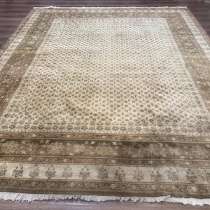 Indo Persian Rug 8x10, Allover Pattern, Beige, Wool Handmade Carpet