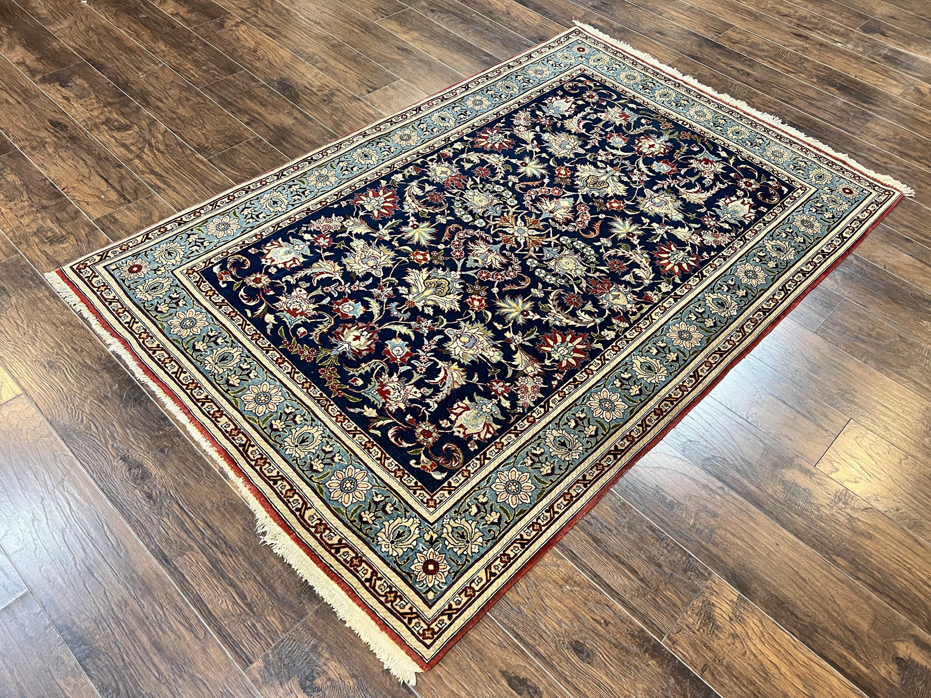 ブルーペルシャ絨毯 5x7、非常に上質で素晴らしい本物のペルシャ絨毯