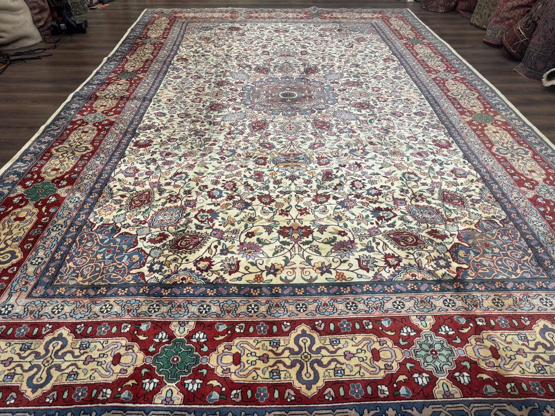 Persian Rug 10x16, Palace Size Handmade Wool Carpet, Cream Red, Floral ...