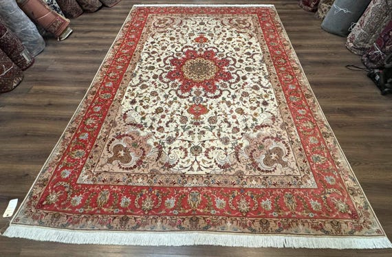 Perserteppich 200x300 – Elfenbein und Korallenrot, Handgeknüpfter feiner Wollteppich