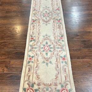 Chinese Aubusson Runner Rug 2.4 x 11, Hand Tufted Beige Floral European Design Hallway Rug, Elegant Rug, Vintage Wool Rug 11ft Long