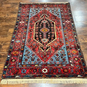 Antique Persian Tribal Rug 4x7, Wool Handmade 1920s Carpet, Red Blue