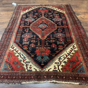 Antique Persian Bidjar Rug 5x6, Navy Blue and Red, Persian Tribal Rug
