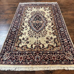 Indian Kashmiri Rug 4x6, Ivory Beige Navy Blue, Traditional Indo Persian Rug