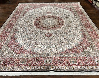 Indischer Kashmiri Seidenteppich 2,7 x 3,5 m, Raumgröße Seide Vintage Indo Persische Handgeknüpfte Feine Orientteppiche, Elfenbein und Kastanienbraun