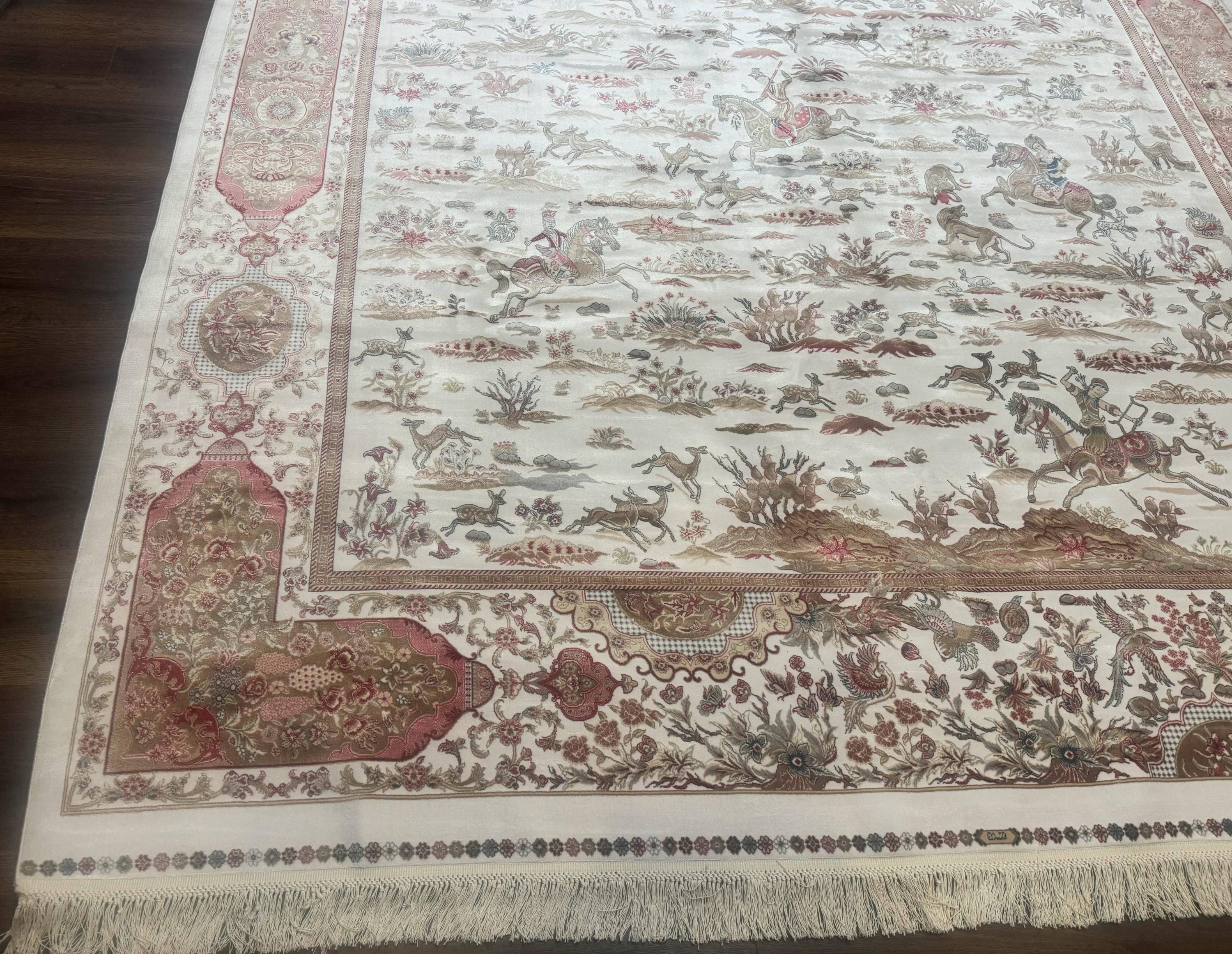 Large Turkish Silk Rug 8x10, Ivory, Hunting Design, Bamboo Silk, New - Etsy