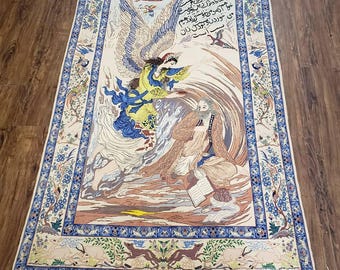 Persian Pictorial Rug 3&#39;6&quot; x 6&quot;, Angel Speaking to Prophet, Kork Wool on Silk Foundation, Detailed, Animals, Poetry, Wall Hanging Rug