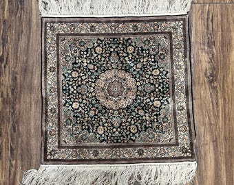 Sino Persian Silk Rug 2x2 ft, Very Fine High KPSI Small Silk Oriental Carpet, Hand-Knotted, Medallion, Vintage Silk Rug, Black Ivory/Cream