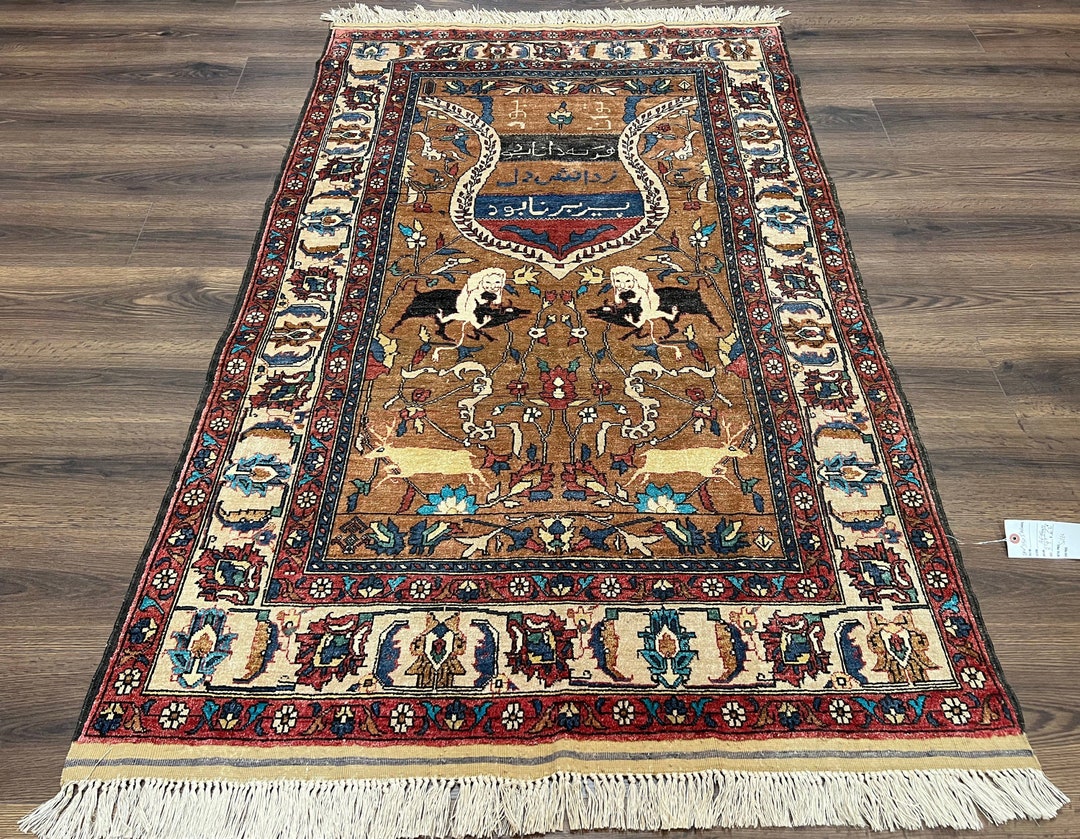Unique Afghan Silk Rug 4x6 Hunting Pattern Animal Motifs Etsy