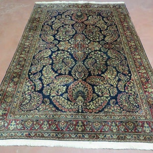 Antique Persian Rug 4x6, Hand Knotted 1920s Oriental Carpet 4 x 6 ft, Navy Blue and Red Wool Rug, Handmade Floral Allover Persian Area Rug
