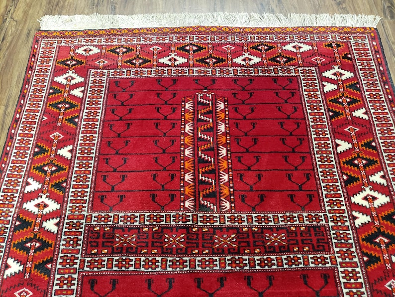 Hatchli Rug Antique Persian Turkoman Rug 4x5, Hatchli Tekkeh Ersari Red Tribal Rug ...