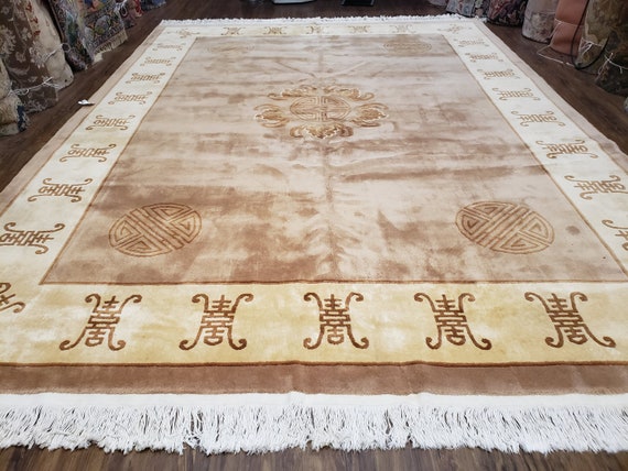 Vintage Chinese Carving Room Sized Rug 9x12 Wool Hand knotted